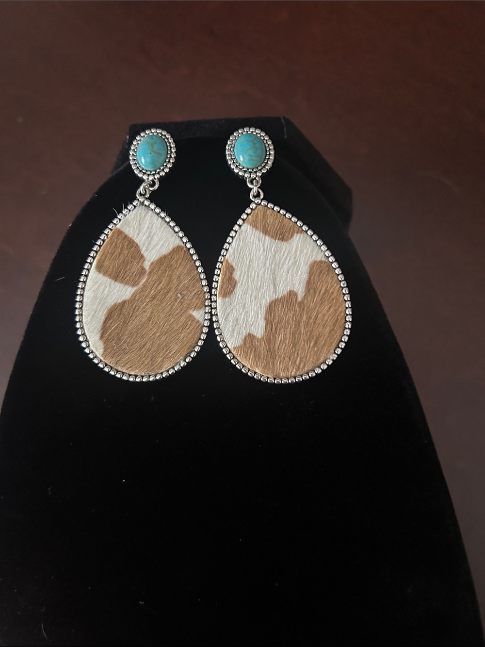 Turquoise-Accented Tan & White Cowhide Teardrop Earrings